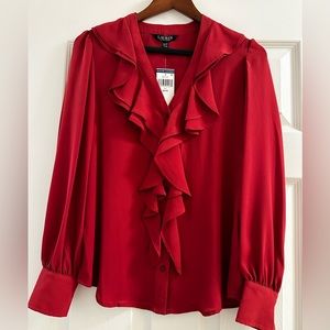 Ralph Lauren burgundy ruffle button up blouse NWT